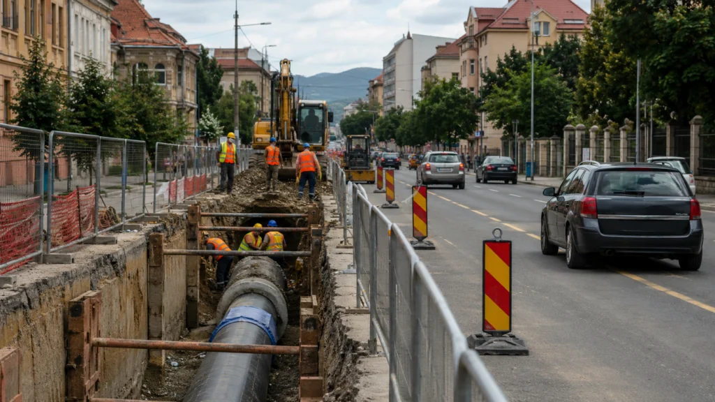 Lucrări la rețelele de apă Sibiu pe Șoseaua Alba Iulia, cu semn de circulație și șantier deschis