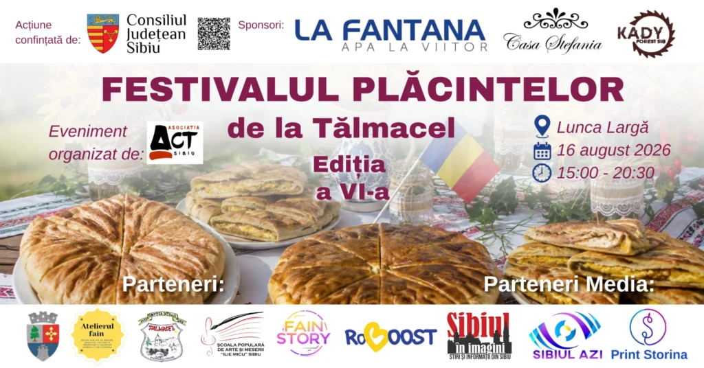 Afis Festivalul Plăcintelor la Tălmăcel cu detalii despre muzica, produsele locale si focul de tabară.