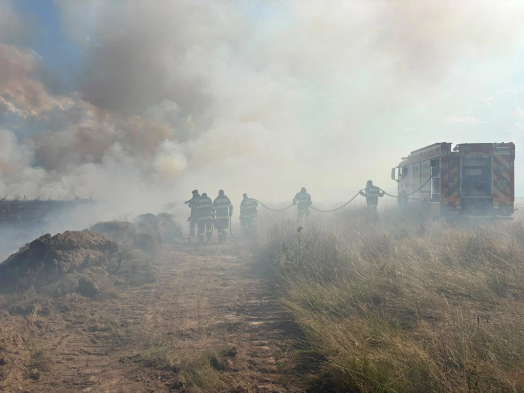 Panoramă a incendiului pe Valea Avrigului, cu flăcări și fum dens acoperind pădurea.