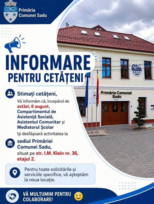 Clădirea Primăriei Sadu, noul sediu pentru compartimentul de Asistență Socială