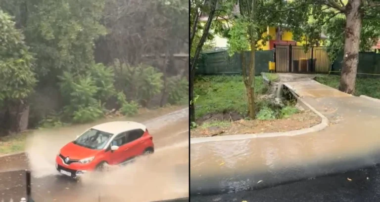 VIDEO – Strada 1 Decembrie din Cisnădie, sub apă la prima ploaie serioasă. Primarul lăuda cele opt guri de scurgere