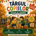 Poster sau invitație pentru Târgul Copiilor din Parcul Măgura, Cisnădie, cu detalii despre eveniment.