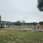 Vedere generală a Târgului Copiilor Cisnădie, cu standuri și puțini vizitatori, confirmările articolului.
