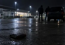 Tâlhărie cu un cuțit în parcarea Lidl din Sibiu, pusă la cale pe Messenger. Pedepse cu suspendare pentru cei doi inculpați Parcare întunecată de supermarket noaptea, ilustrare pentru tâlhăria din Sibiu