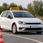 Șir de mașini și candidați așteptând să susțină examenul auto la Sibiu