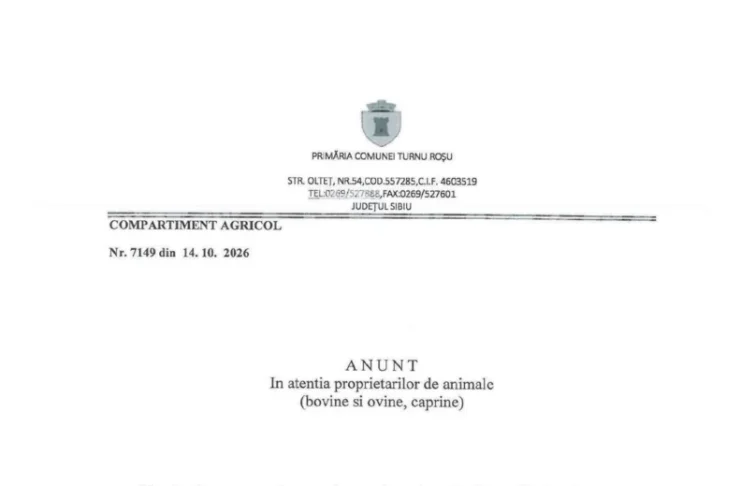 Proprietarii de animale din Turnu Roșu, avertizați de Primărie: După 26 octombrie, pagubele provocate de animalele sălbatice nu vor mai fi despăgubite în condițiile anunțate