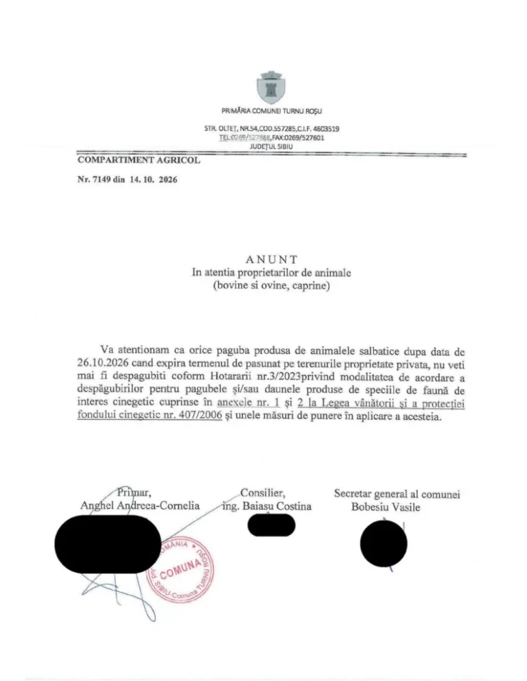 Proprietarii de animale din Turnu Roșu, avertizați de Primărie: După 26 octombrie, pagubele provocate de animalele sălbatice nu vor mai fi despăgubite în condițiile anunțate