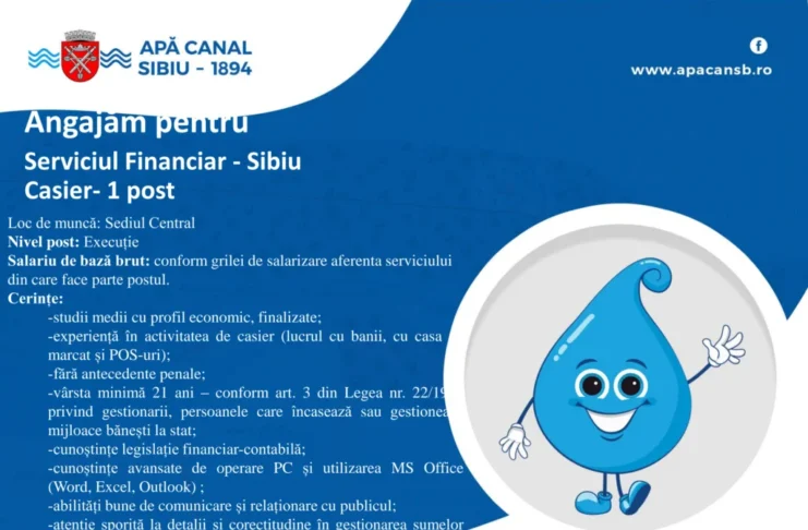 Apă Canal Sibiu face angajări. Post disponibil în cadrul Serviciului Financiar. Dosarele se depun până pe 30 octombrie