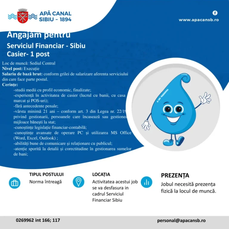 Apă Canal Sibiu face angajări. Post disponibil în cadrul Serviciului Financiar. Dosarele se depun până pe 30 octombrie
