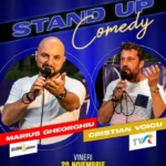 Marius Gheorghiu și Cristi Voicu la un spectacol de stand-up comedy în Avrig, pe scenă.