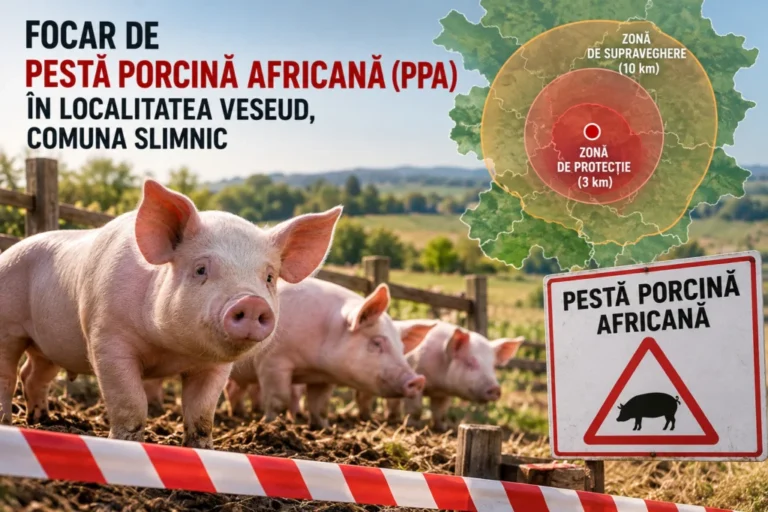Focar de pestă porcină africană în Veseud, comuna Slimnic. Porcii din gospodăria afectată au fost eliminați, iar restricțiile vizează 16 localități din județul Sibiu